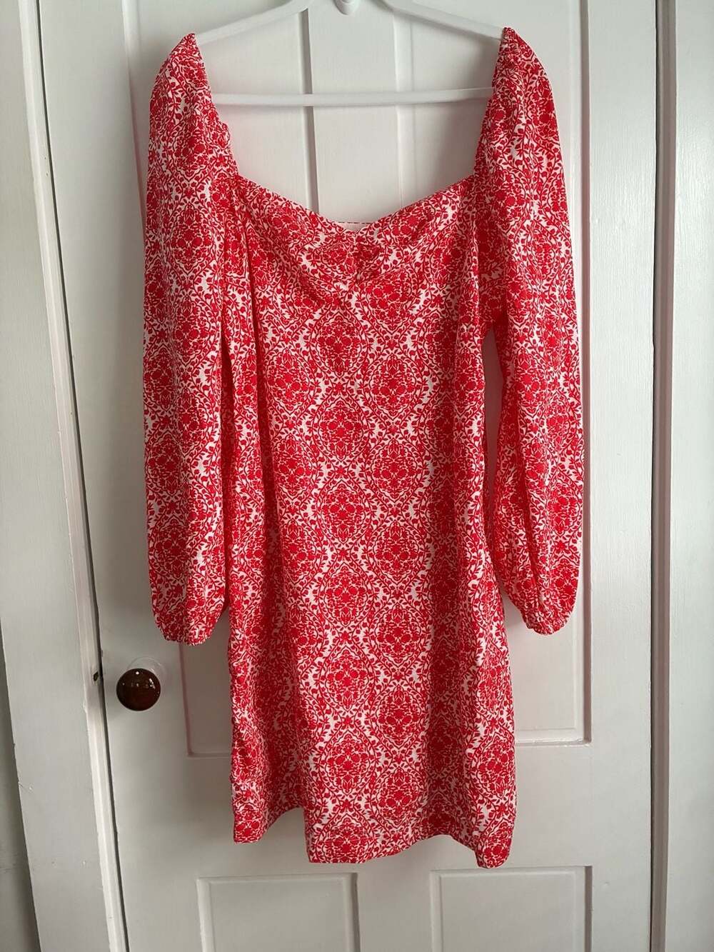 Boden Red and White Damask Print Long Sleeve Square Neck Dress US 12L